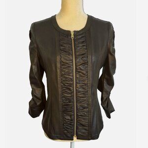 CLARA SUNWOO Brown Liquid Leather Ruched Jacket Size Small 8/10 Faux Vegan